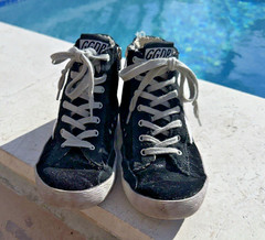 GOLDEN GOOSE BLACK SHIMMERING FABRIC SIDE ZIP HIGH TOP SNEAKERS Sz EUR 31 USA 13