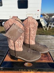 Child size 1 brown leather square toe Old West cowboy boots w/dusty pink shaft