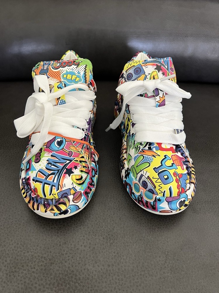 Unisex Kids Graffiti Low Top Lace Up Sneakers Round Toe Multicolor EU 37