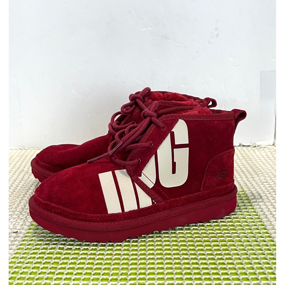 UGG Neumel Graphic Samba Lace Up Boots Kids Size 4 Red Suede 1129054K EUC