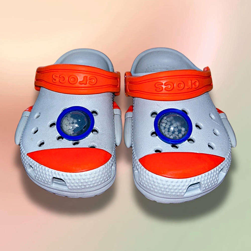 Crocs Rocket Ship Gray Orange Kids C7 Toddler Space Clogs EUC Unisex