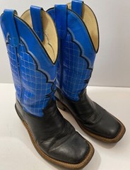 Old West Cowboy Boots Youth Sz 03D Leather Upper Blue Black