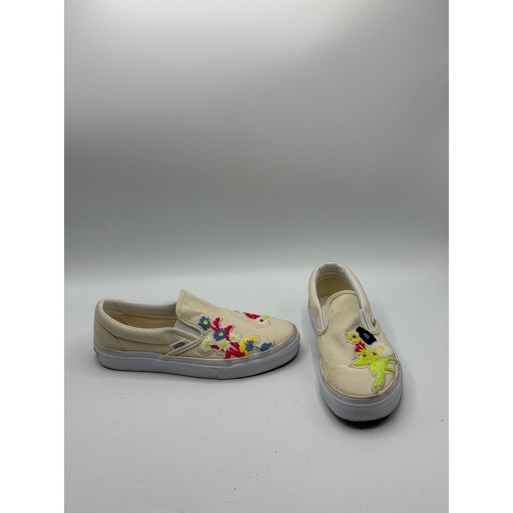 Vans Kids Slip On Cream Canvas Embroidered Floral Sneakers Shoes Sz 5.5Y 7W 37EU