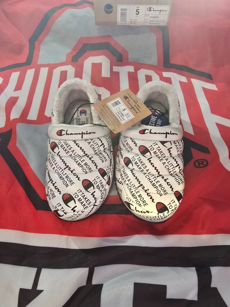 Champion Varsity Reflective Puffy Slippers – Silver and Black