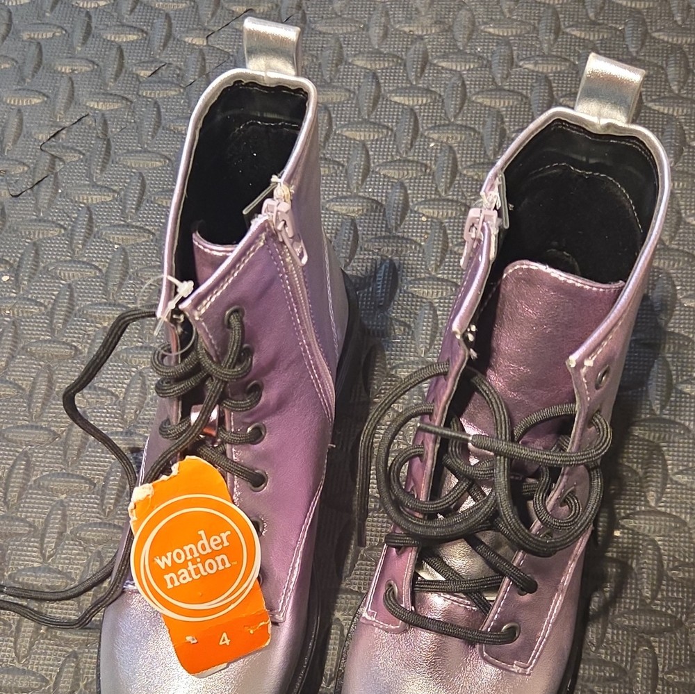 Wonder Nation Metallic Purple Combat Ankle Boots Lace-Up/Zipper Kids US 4