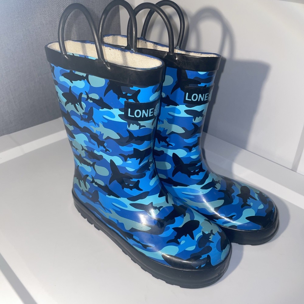 Lone Cone Matte Blue Camo Sharks Rain Boots/Muck Boots/ Kids 13 Easy on Easy off