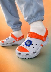 Crocs Rocket Ship Gray Orange Kids C7 Toddler Space Clogs EUC Unisex