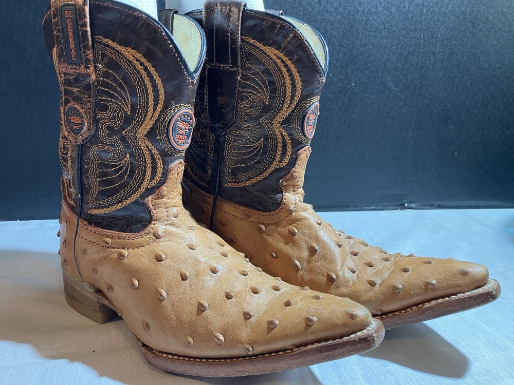 El General Ostrich Leather Cowboy Boots Youth Sz 20.5 Mexico (1.5 US)
