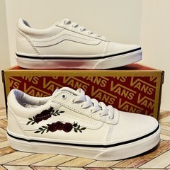 VANS Ward White Red Rose Embroidery Missy Kids 3 Low Top Sneaker Romantic