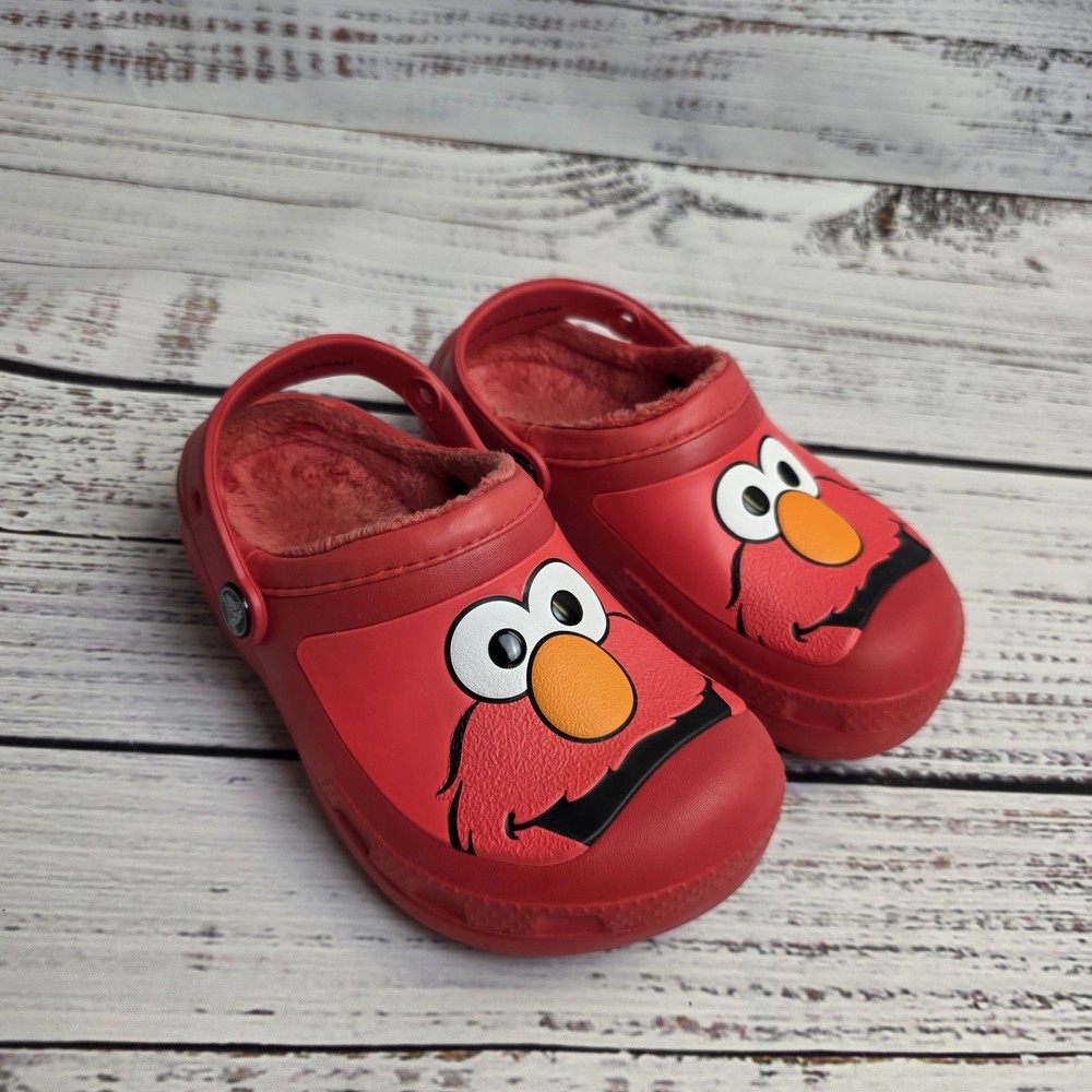 Crocs Juniors Size 1 Red Elmo Face Slip On Plush Lined Clog Shoes Sesame Street