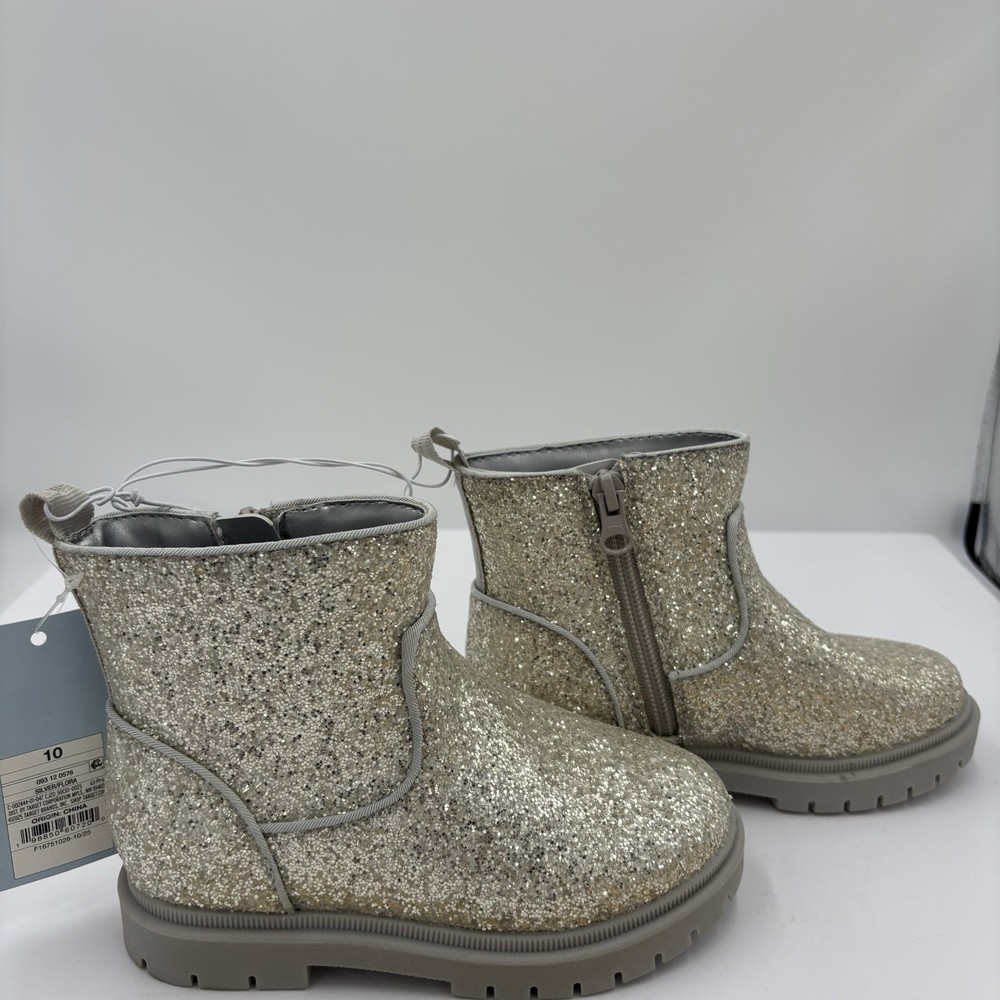 Cat & Jack Size 10 Flora Silver Glitter Boots Side Zip Girls Chunky Lug Soles