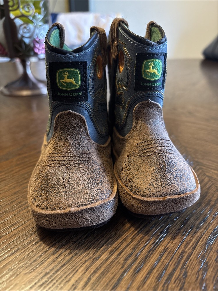 John Deere / Dan Post Infant Baby Leather Brown Green Brown Western Boots Sz 2M