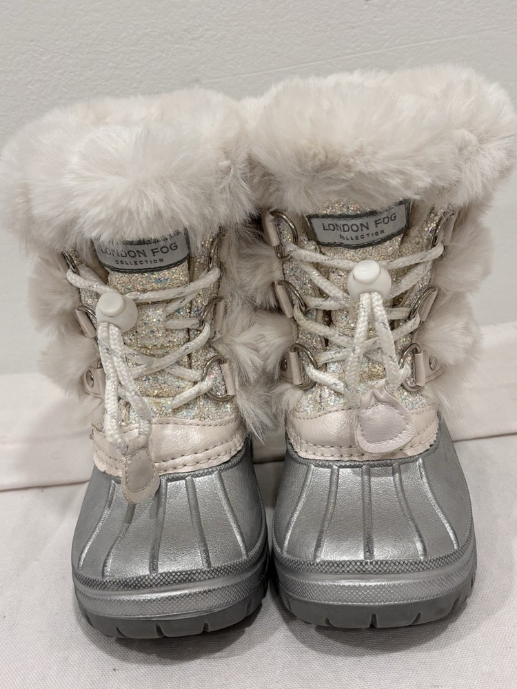 London Fog Kids Silver Metallic Glitter Faux Fur Winter Snow Boots Size 8