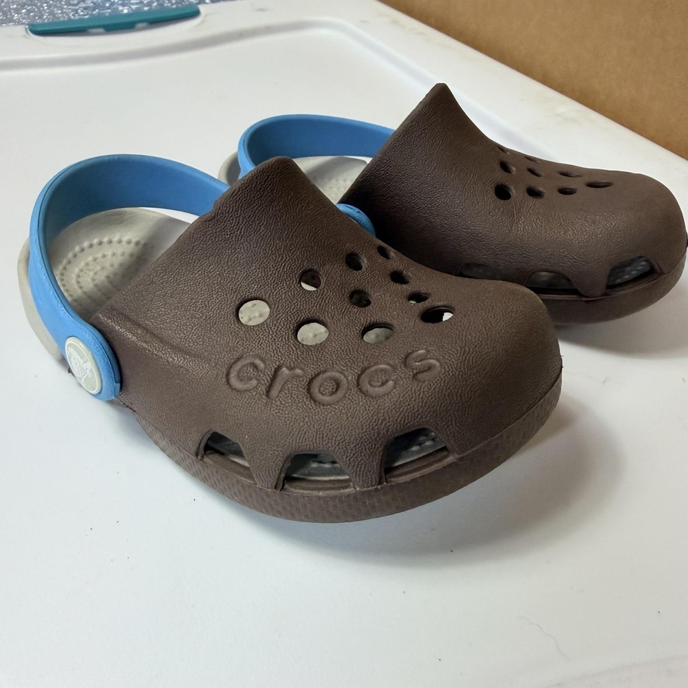 Crocs Clogs Kids Size 8 C8 Brown Blue Slip On Comfort Water Shoes Sandals