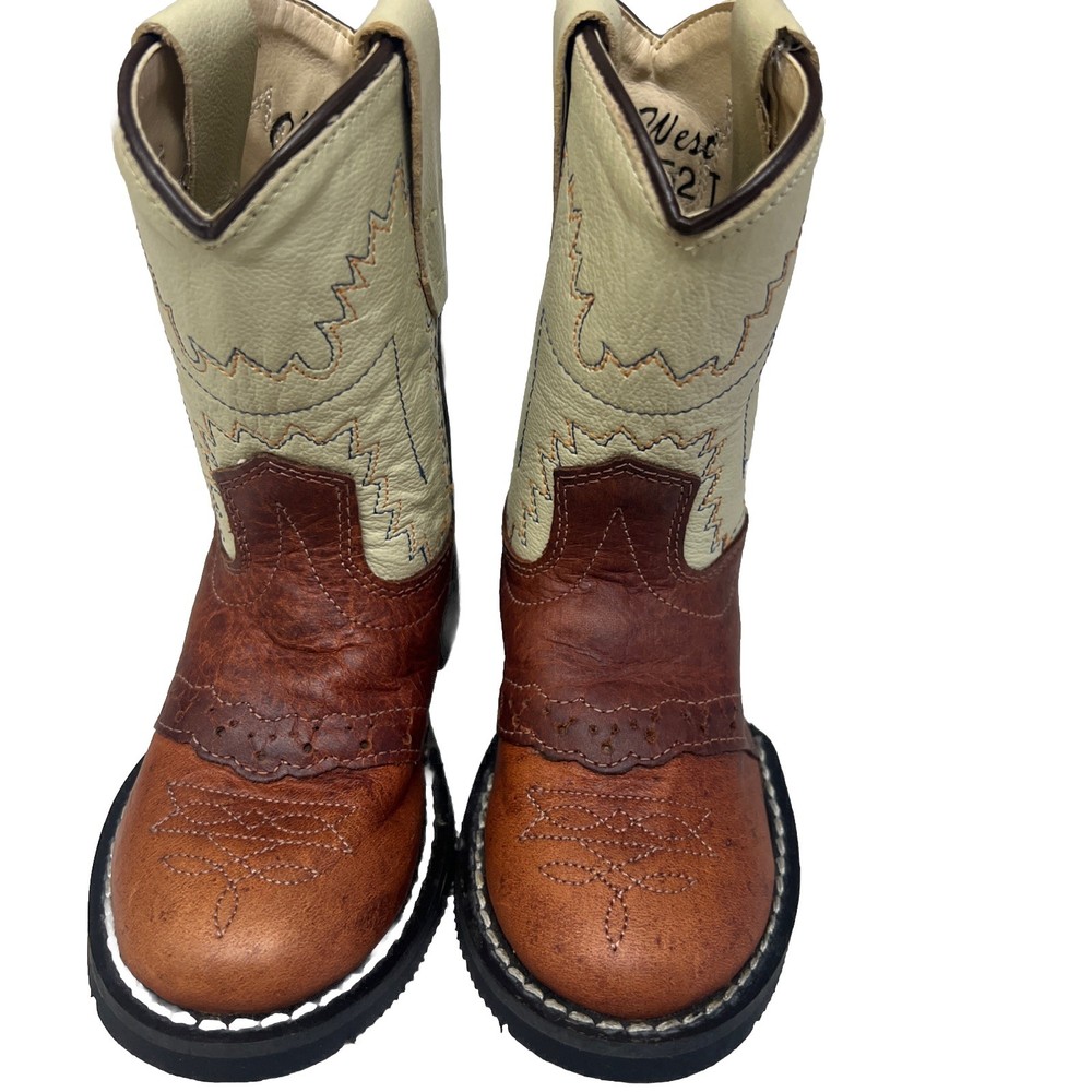 Old West CW2552 Western Cowboy Two Tone Brown Leather Boots Kids US Size 5
