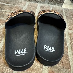 P448 Leopard black sandals Slides Size 4 Black logo flats Animal Print #35