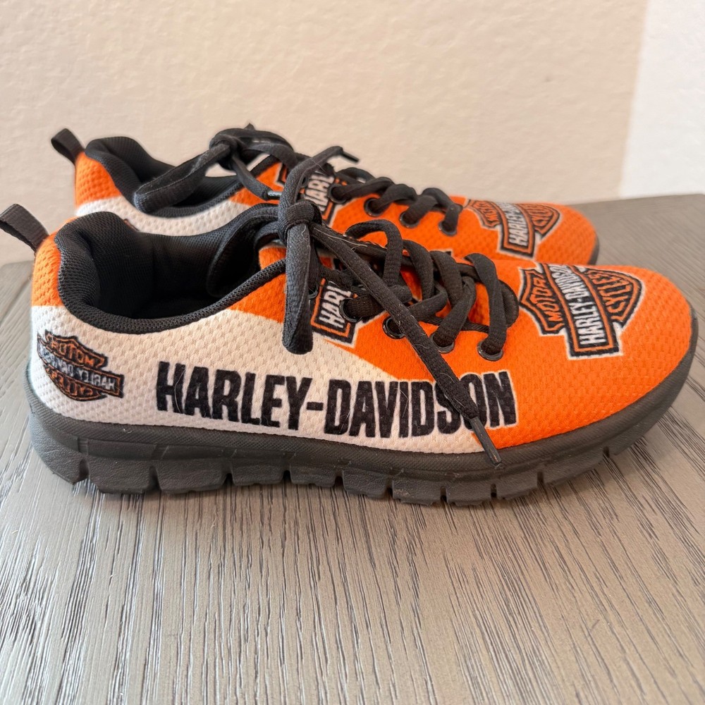 Harley-Davidson Kids Orange White Mesh Logo Sneakers Shoes Size 36 EU