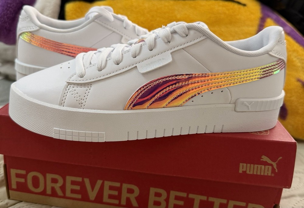 PUMA Jada Holo Jr White Pink Silver Unisex Kids Sneaker 5.5C Holographic