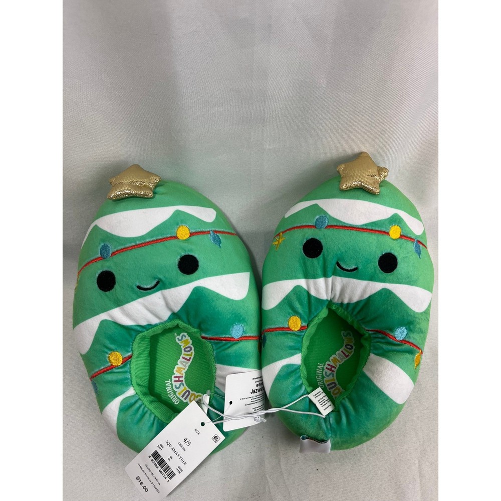 Squishmallows Christmas Tree Plush Slippers Green Holiday Kids Size 4/5 NEW