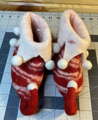Red Pink & White striped Handmade Felted Wool Toddler’s Elf slippers 5” Sole