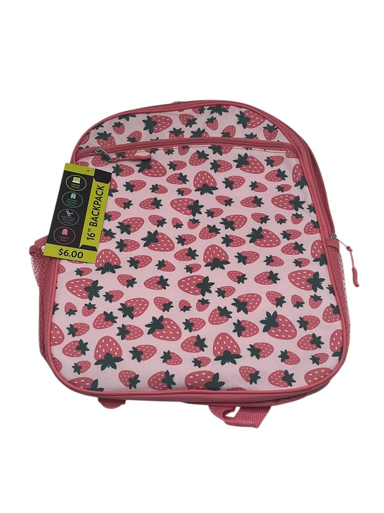New 16″ Strawberry Print School Backpack Laptop Sleeve Padded Straps Pink