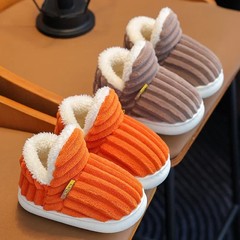 New Winter Concise Stripe Plush Slippers Children’s Non-slip Soft Sole Kids Boys