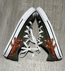 Converse Size 3 Dino Print Low-Top Sneakers Olive Green/Orange Great Condition
