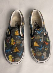 VANS Kids Slip-On Dinosaur Print Blue Multicolor Canvas Casual Shoes US 12