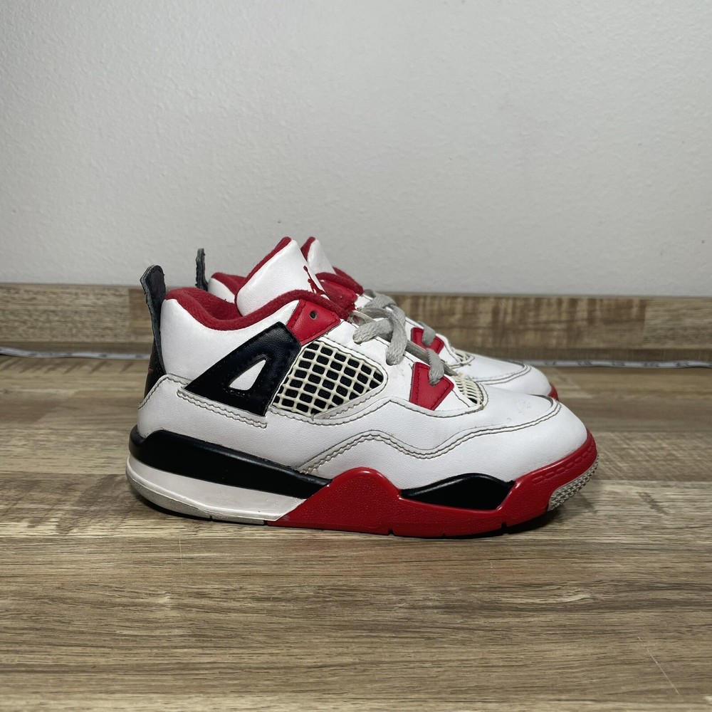 Jordan 4 Retro Fire Red Toddler Sneakers White Black Red BQ7670-160 Size 10C
