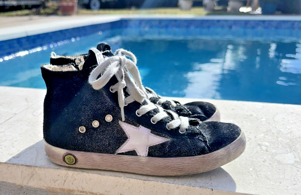 GOLDEN GOOSE BLACK SHIMMERING FABRIC SIDE ZIP HIGH TOP SNEAKERS Sz EUR 31 USA 13
