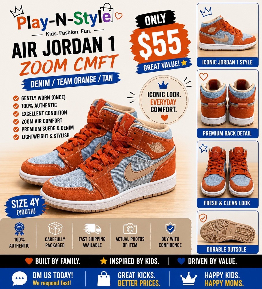 Jordan Air Jordan 1 Zoom CMFT Denim Mid Top Sneakers Unisex Kids US 4Y