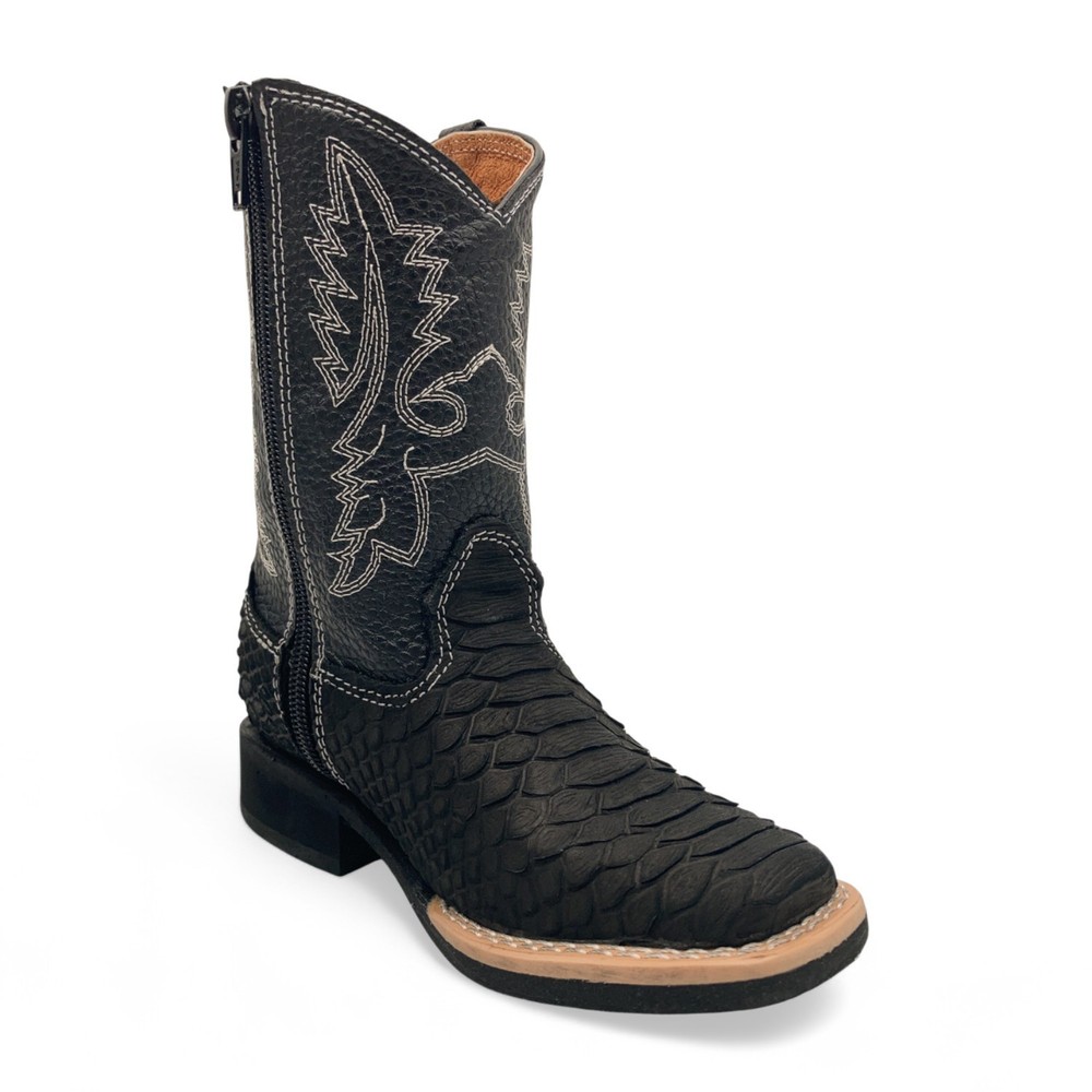 The Western Shops Kids Python Print Leather Square Toe Side Zipper Western Boots