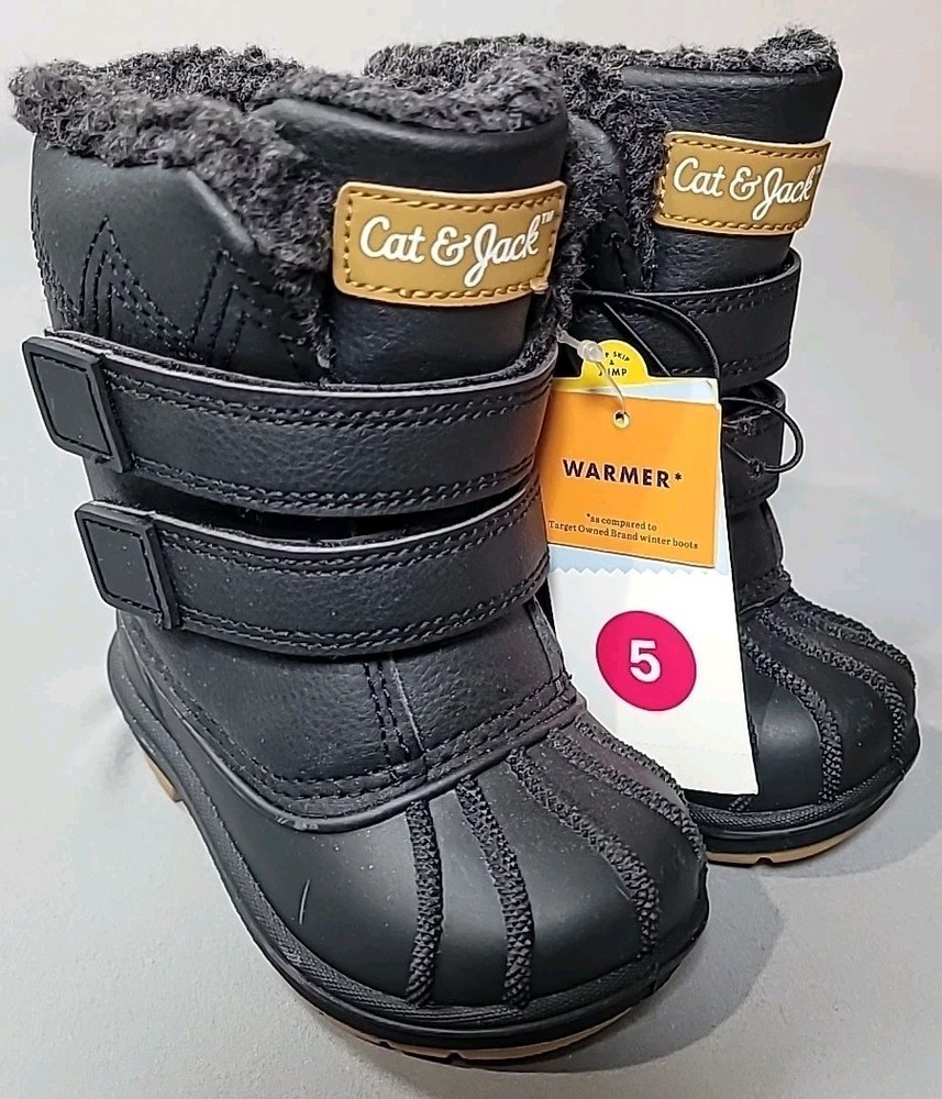 Cat & Jack Denver Waterproof Winter Snow Boots Black Faux Fur Toddler Kids Sz 5