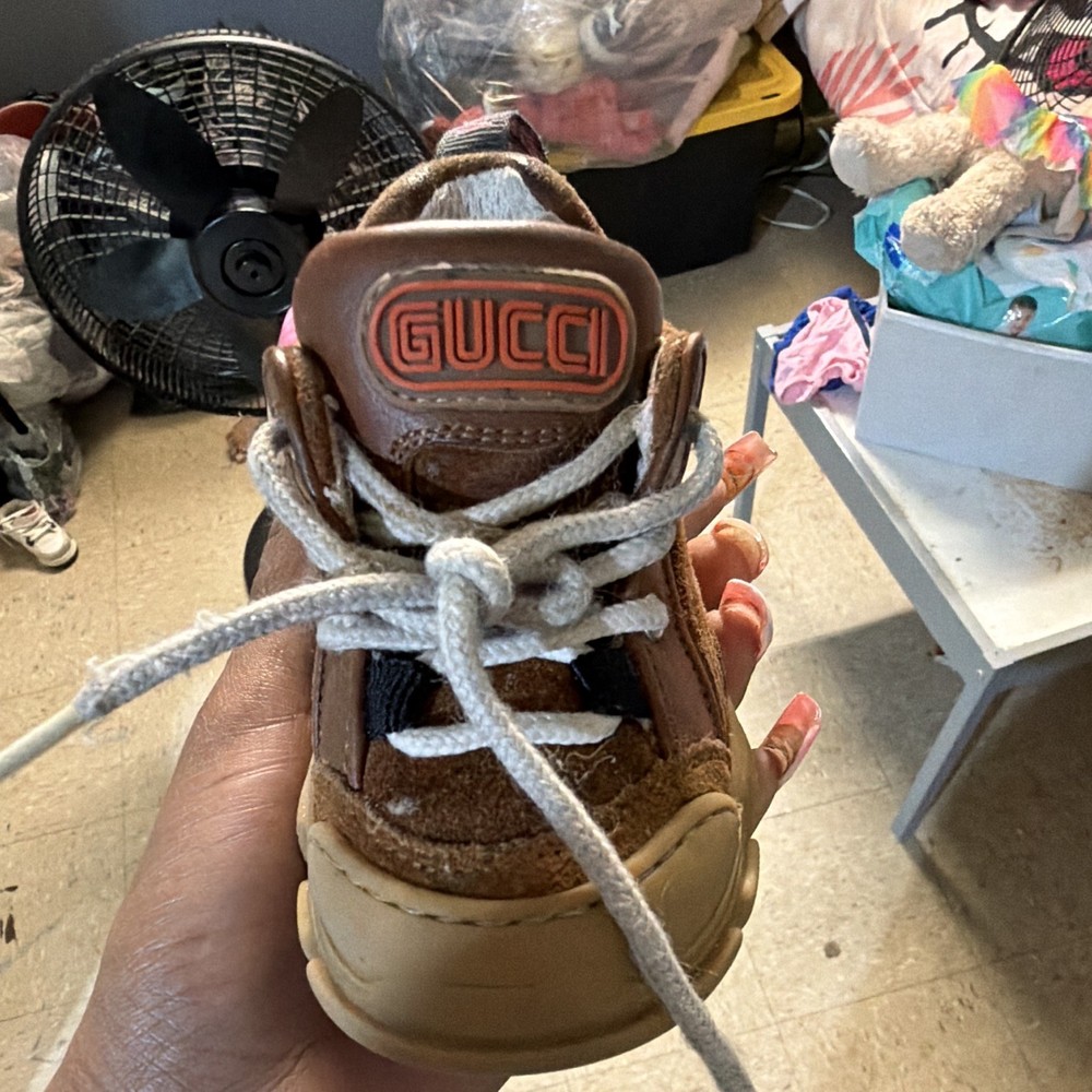Gucci Flashtrek GG Brown Leather Low Top Lace-Up Unisex Kids Sneaker 7.5