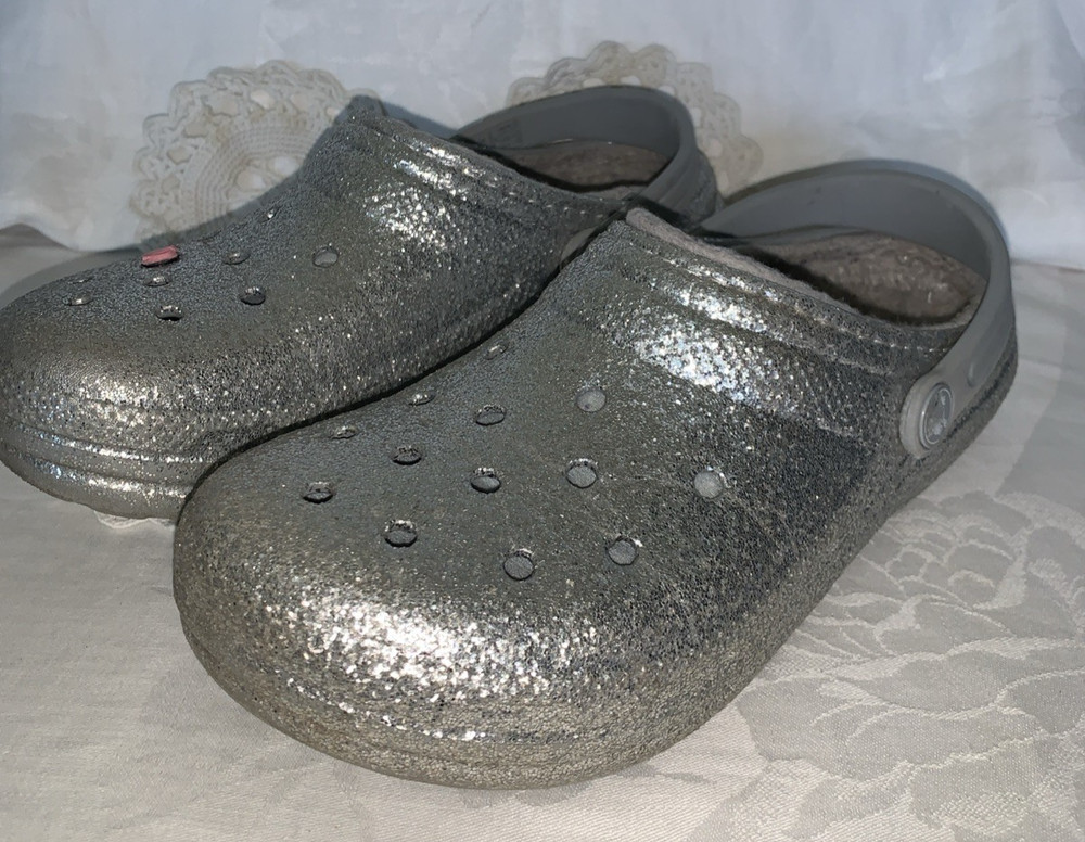 Crocs Shoes Kids Size J4 Classic Lined Glitter Clogs Silver Sparkle Warm Slip On