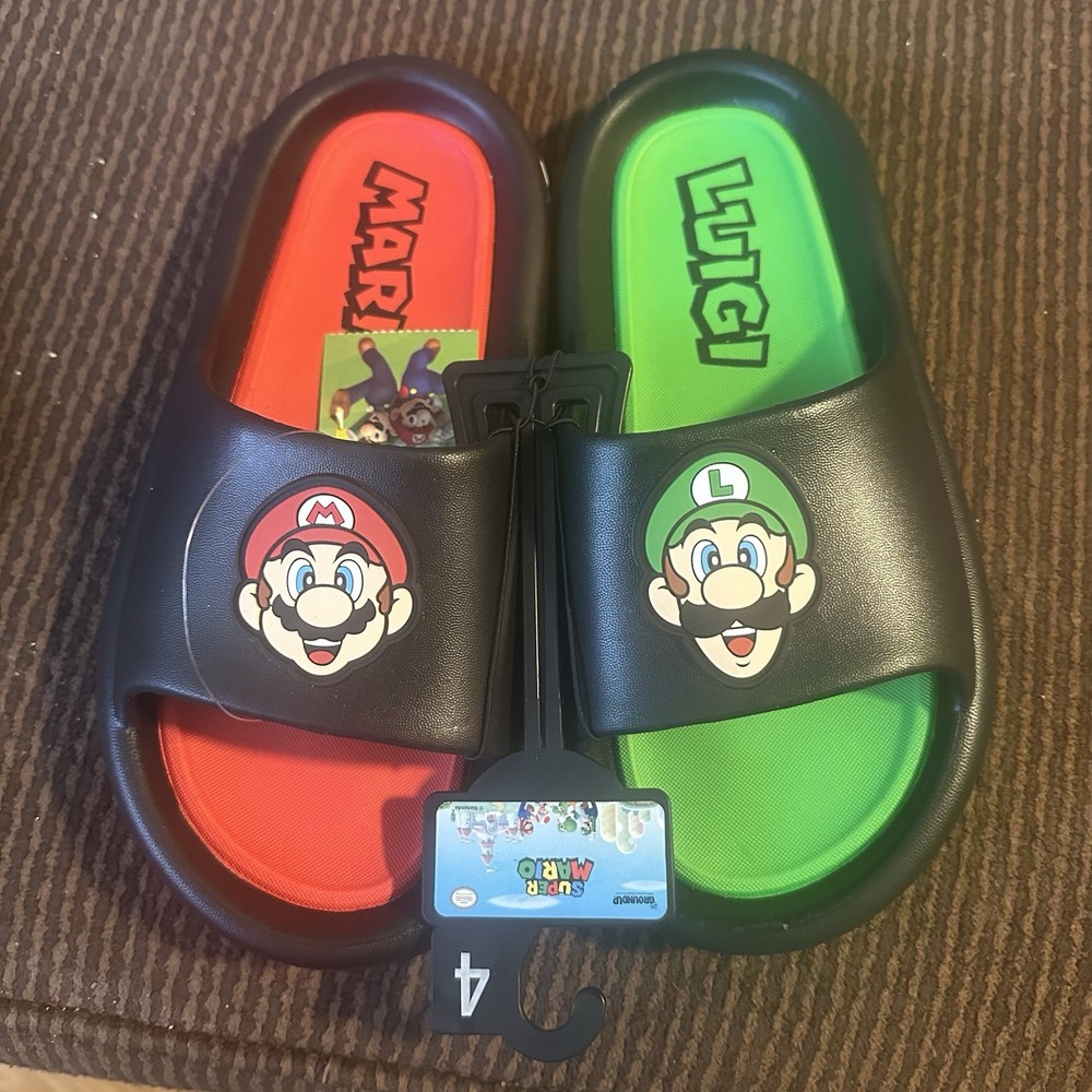 Kids Nintendo Super Mario Luigi Mario Pillow Slide Sandals Black Size 4 NEW