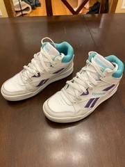 Reebok High Top Athletic Shoes White Purple Blue Kids Size 6 Leather Lace Up