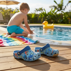 Crocs Classic Pool Party Clogs Kids Size C6 Blue Sea Creature Pattern