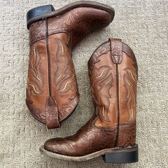 Old West Toddler Size 8.5 Leather Cowboy Boots Tooled & Embroidered Brown EUC