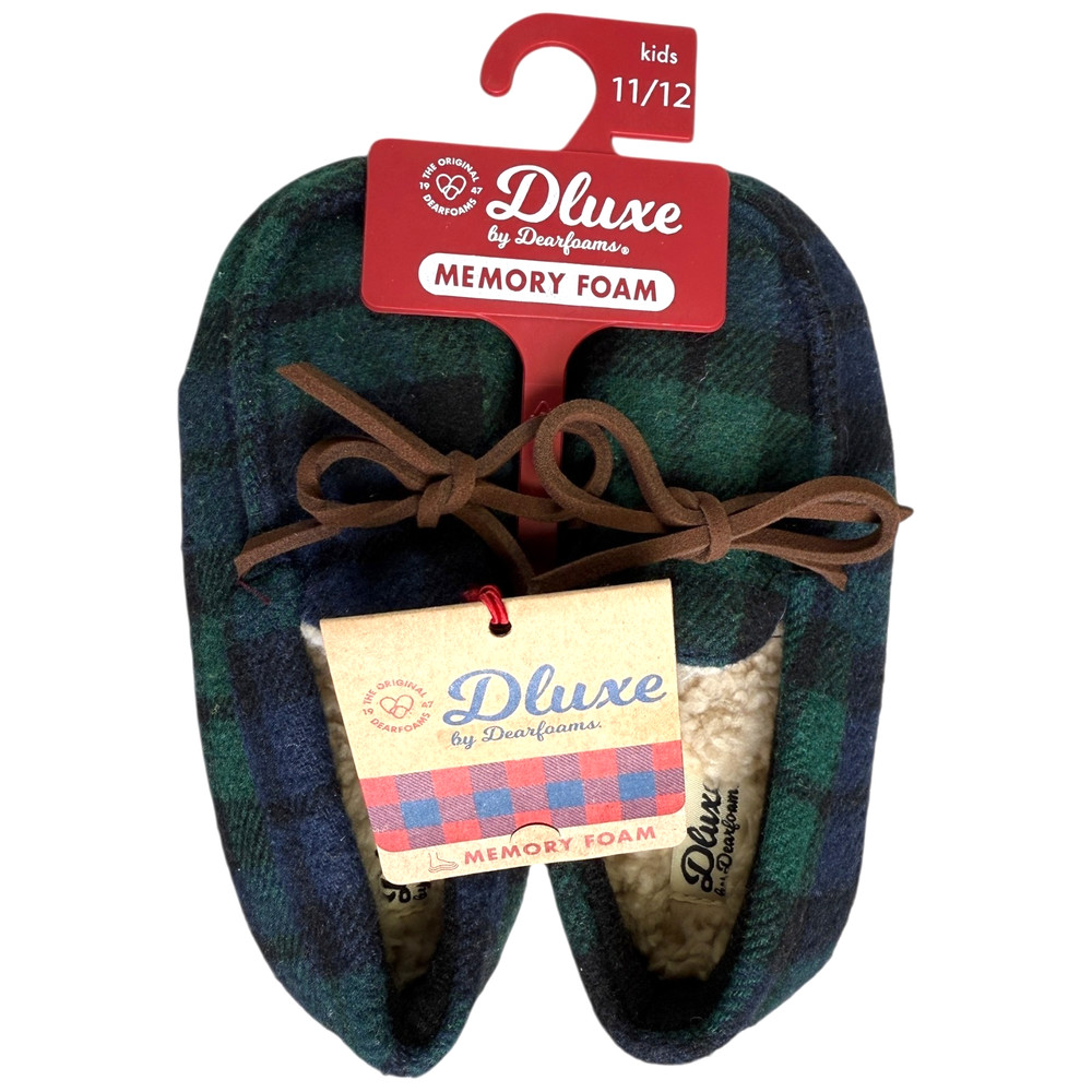 Kids Dearfoams Deluxe Memory Foam Slippers Plaid Green/Blue Size 11/12 BRAND NEW