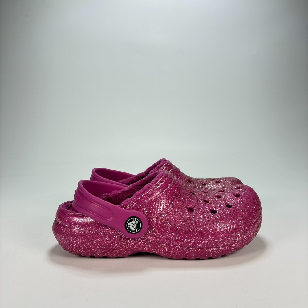 Crocs Classic Lined Glitter Clog Fuchsia Cozy Slip On Comfort Shoes Youth Size 1