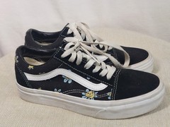 Vans Old Skool Black Smiley Face Floral Sneakers Youth Low Top Boys 3.5/Girls 5