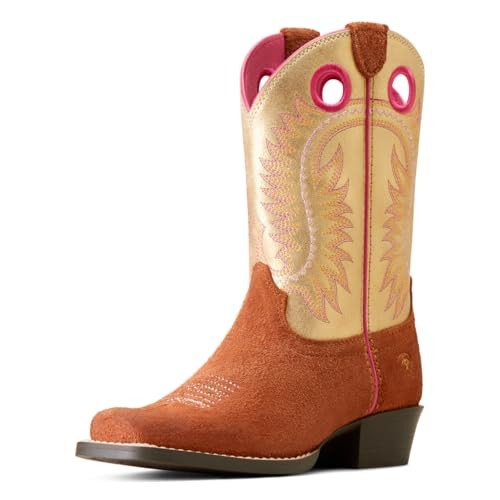 ARIAT KIDS DERBY MONROE – SIZE: YOUTH 5.5 – TERRACOTTA ROUGHOUT AND ROYAL GOLD