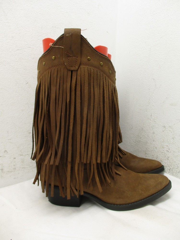 Old West Kids Brown Leather Fringe Western Cowboy Boot SZ 2.5 Style 8125