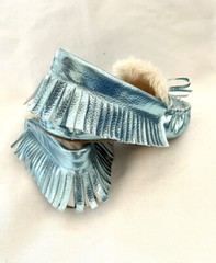 J Crew Crewcuts Kids Mocassin Slippers Aqua Blue Faux Fur Lining sz K 5