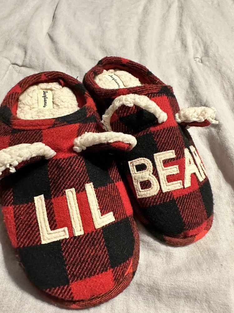 DF Dearfoams Lil Bear Slippers Unisex Plaid Red/Black size 2/3