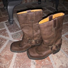 Frye Harness Leather Boots, Child 12,Brown ,Unisex ,Square Toe,Biker Or Cowboy