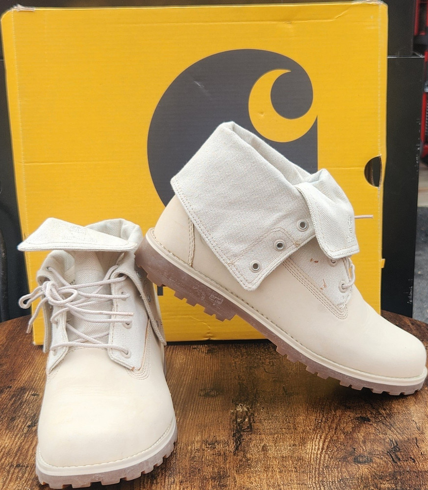 Timberland Kids Leather Fold-Down Ankle Boots Beige Lace-Up US 7 EU 40