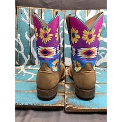 Roper Daisies Leather Boots Handcrafted Tan/Pink/Blue Youth Kids Size 2