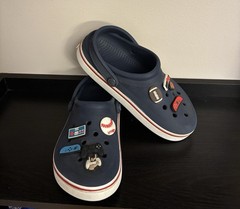 Crocs Crocband Navy Blue Clogs Kids Gaming Jibbitz Charms Red Stripe EUC Size J3